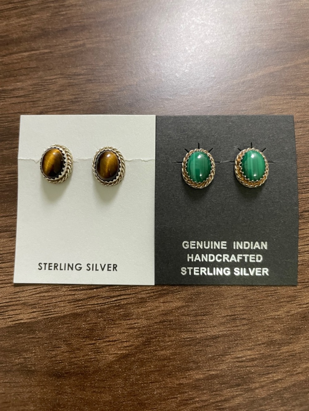 Genuine Indian Handcrafted Sterling Silver Earrings (2) Tiger’s eye & Malachite